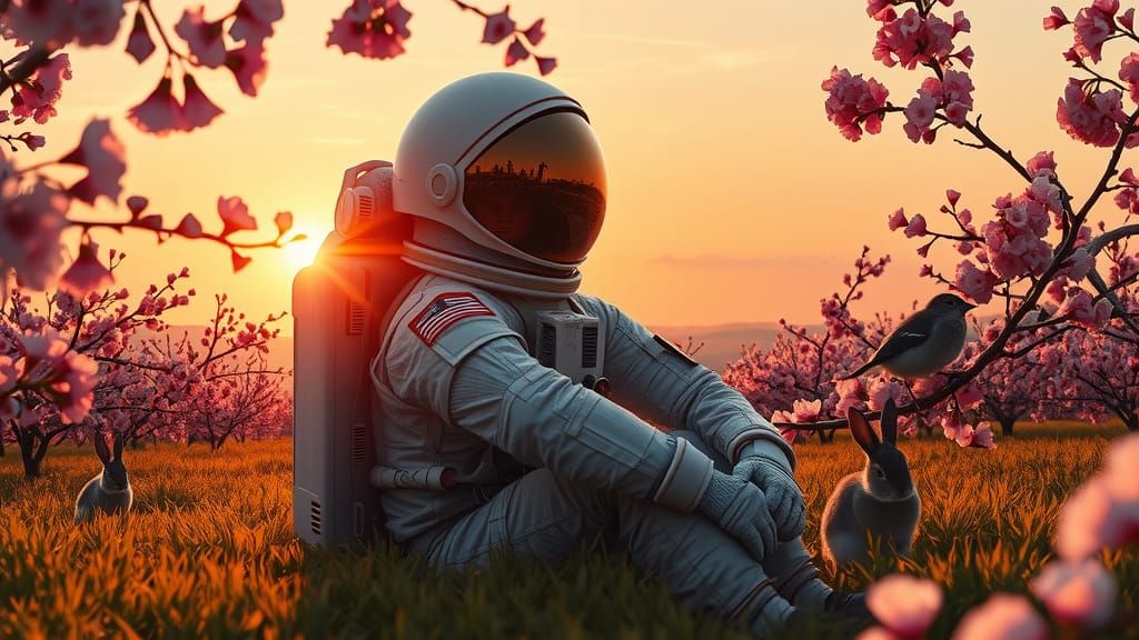 Hyperrealistic Astronaut in Cherry Blossom Field at Sunset