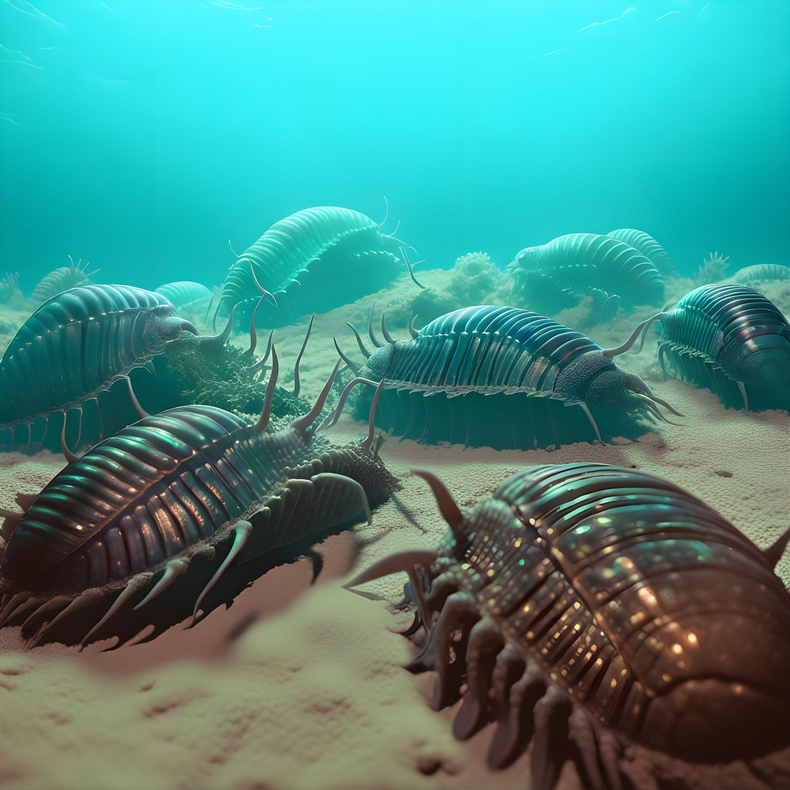 Bioluminescent Cambrian Creatures in Azure Depths