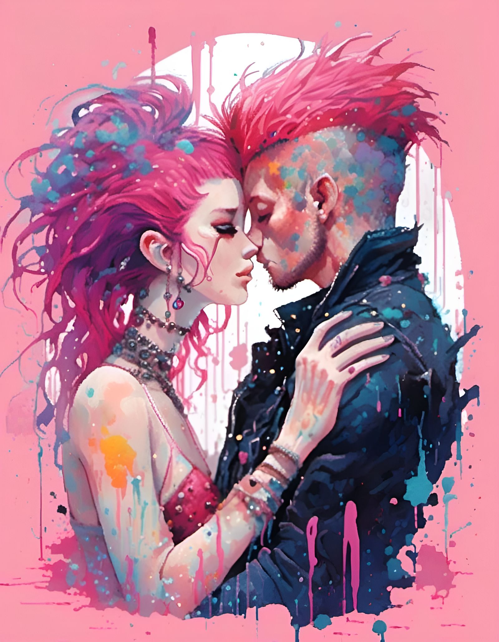 Passionate Punk Embrace in Dreamy Digital Art