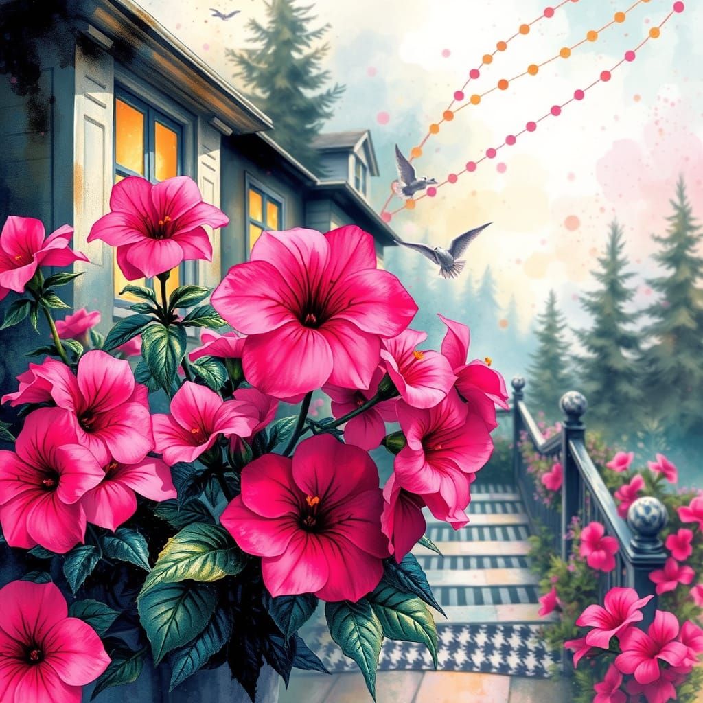 ink wash, aerosolgrafia, digital art datamoshing, chaotic muse, hot pink petunias, stripes, polka-dots, paisley, houndst...