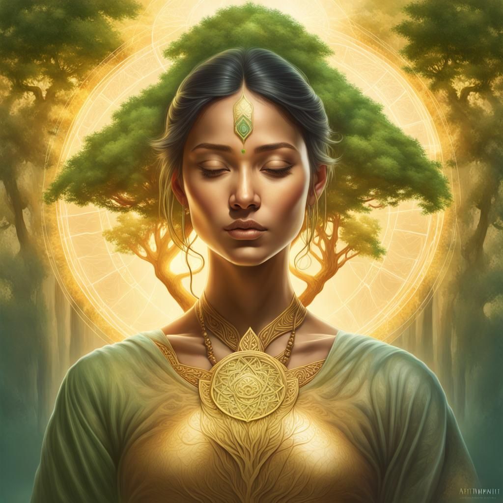 Mystic Nepalese Woman Meditating Under Sacred Tree