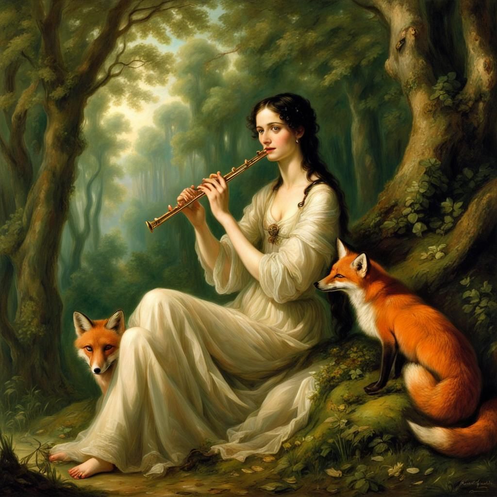 Goddess with Flute in Forest, Rococo Style