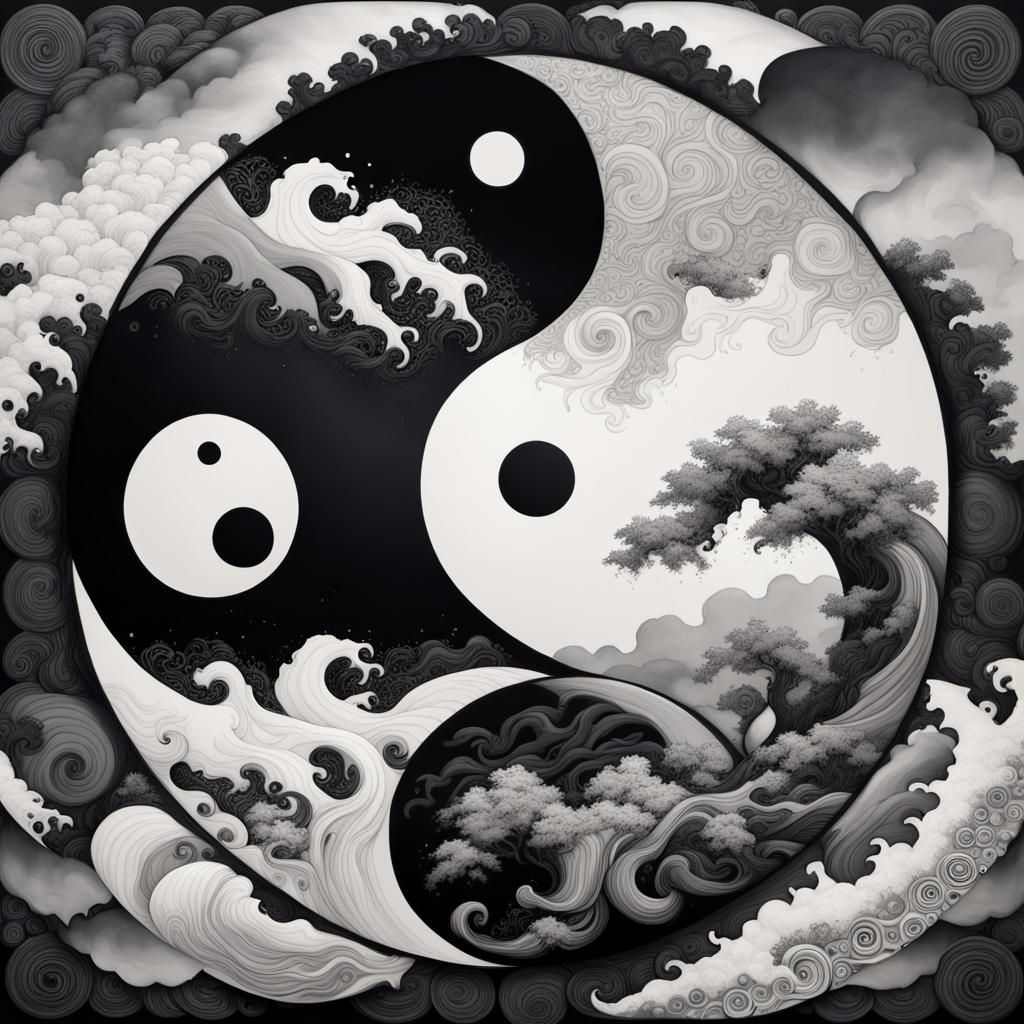 Yin and Yang Painting with Intricate Landscapes