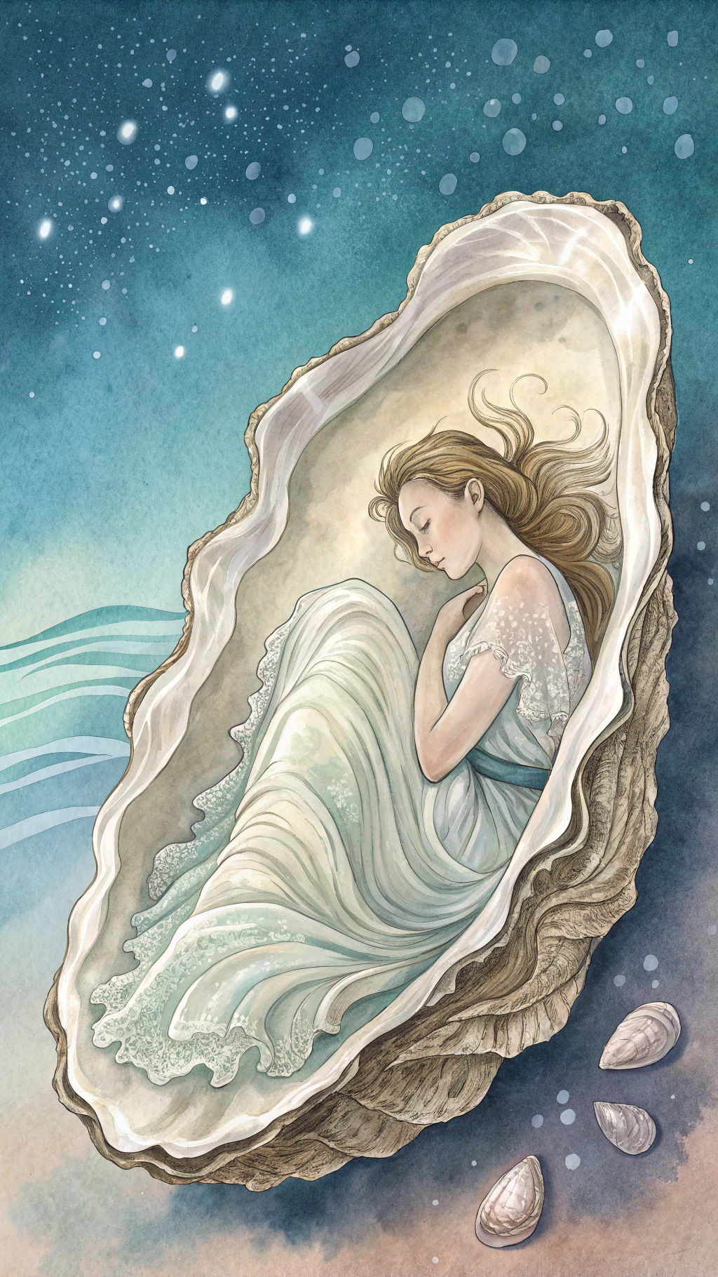 Dreamy Oyster Shell with Woman, Fantasy Art
