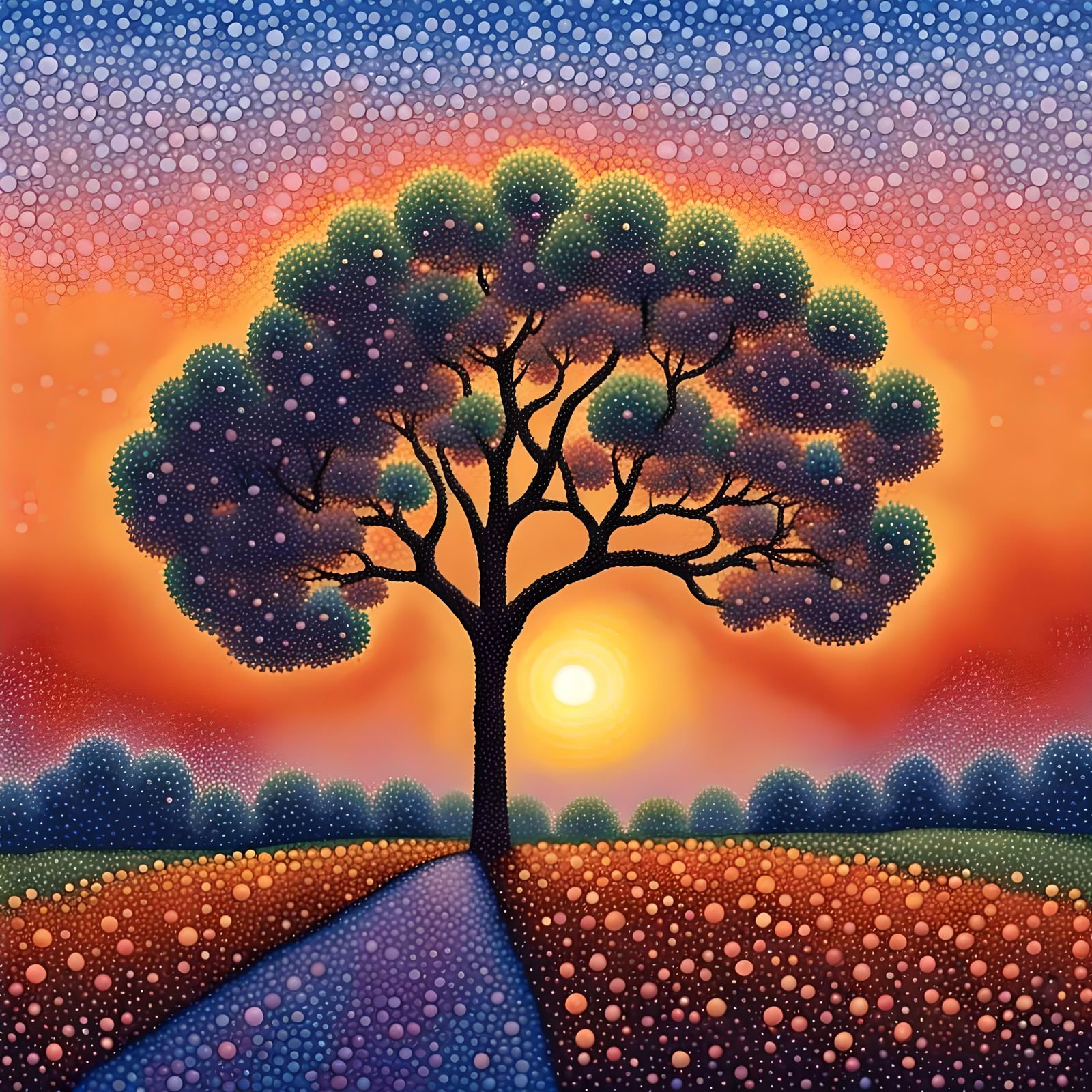 Pointillist Sunset Over Tranquil Countryside