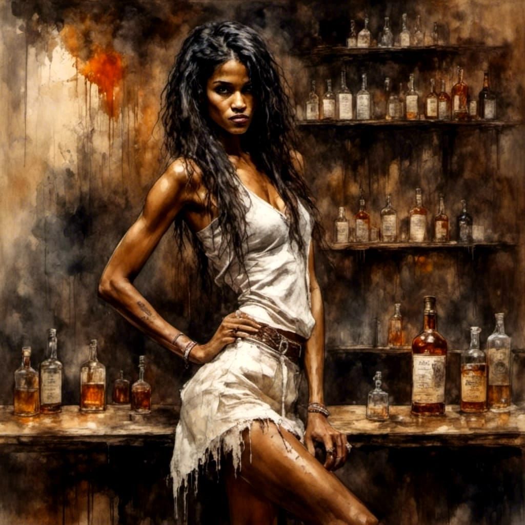 Elegant Woman in Grunge Bar Scene