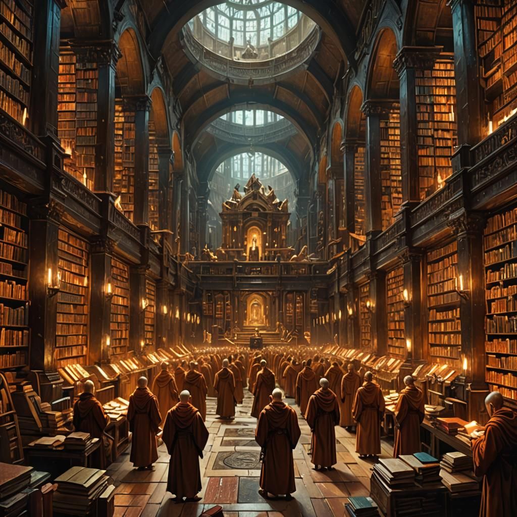 Monks in Crowded Ancient Library: Digital Photoillustration