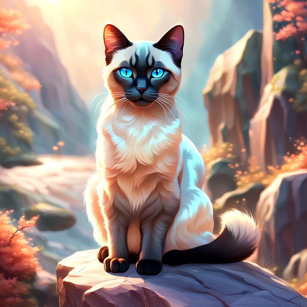 Anime Siamese Cat on Rock: 3D Digital Art