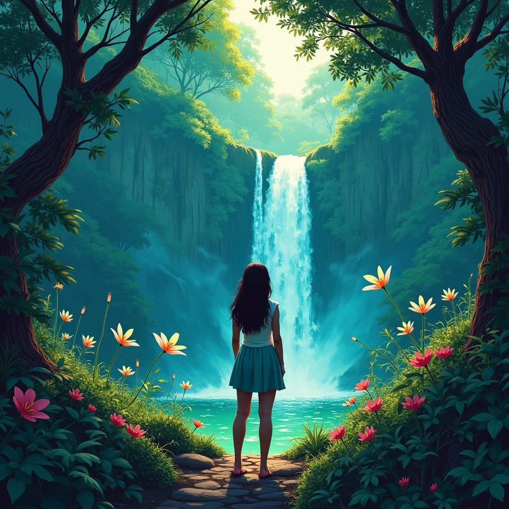 Jungle Waterfalls in Surreal Composite Art Style