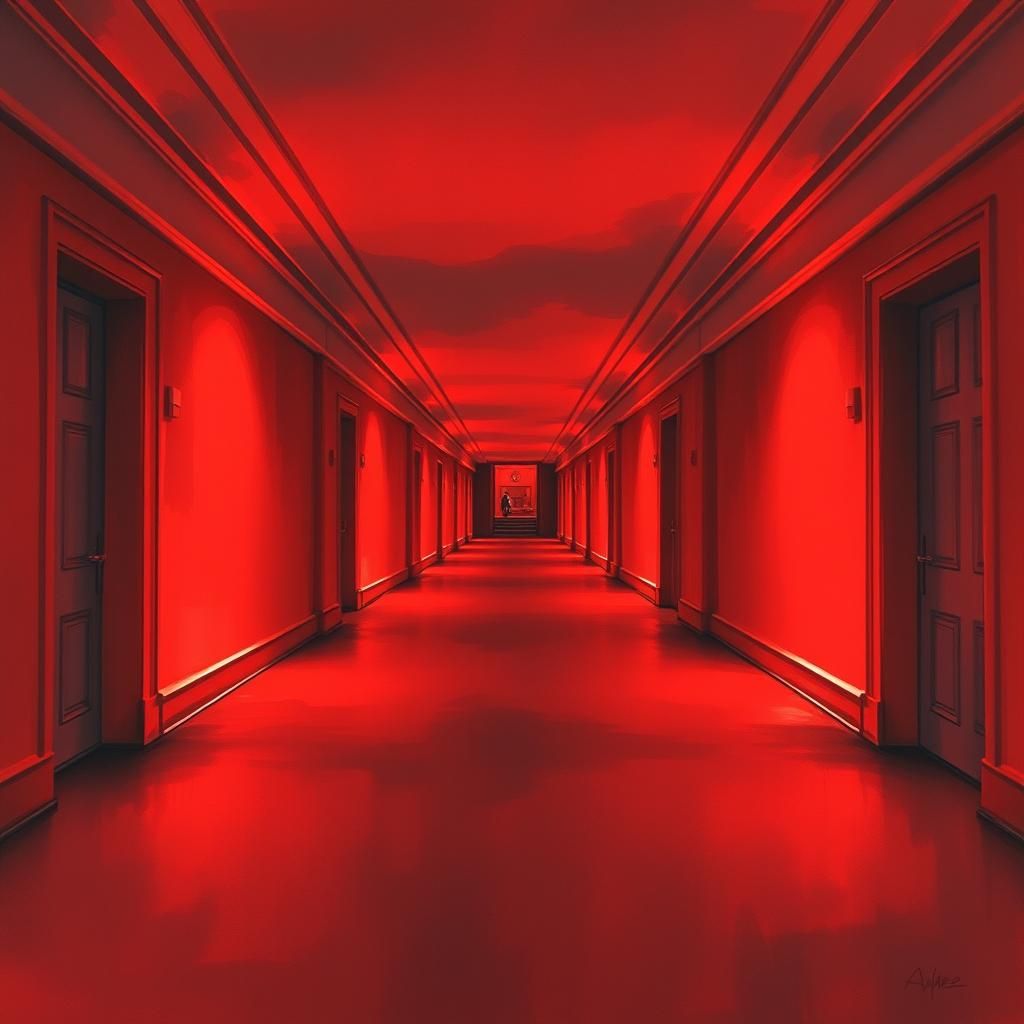 Endless Red Hallway in Gouache and Watercolor Style