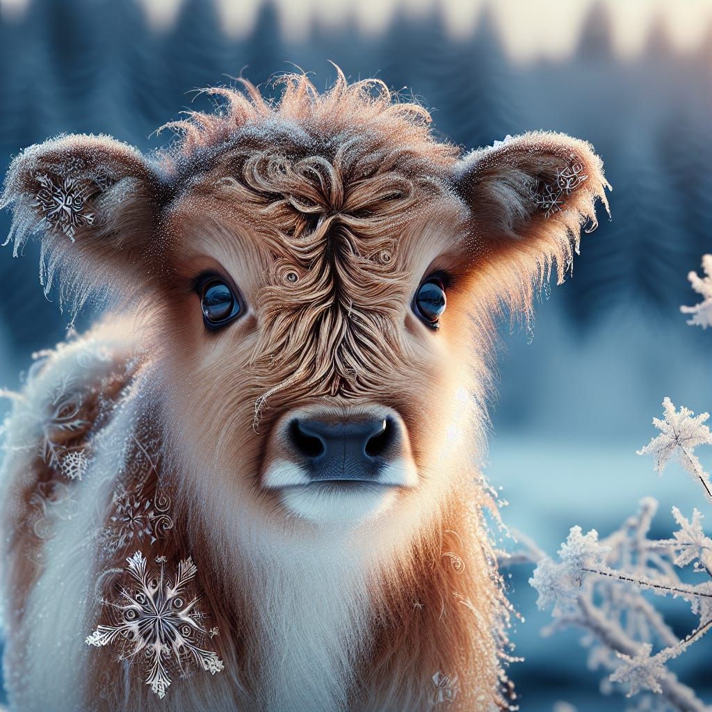 Cute Mosk Ox Calf in Snowy Landscape