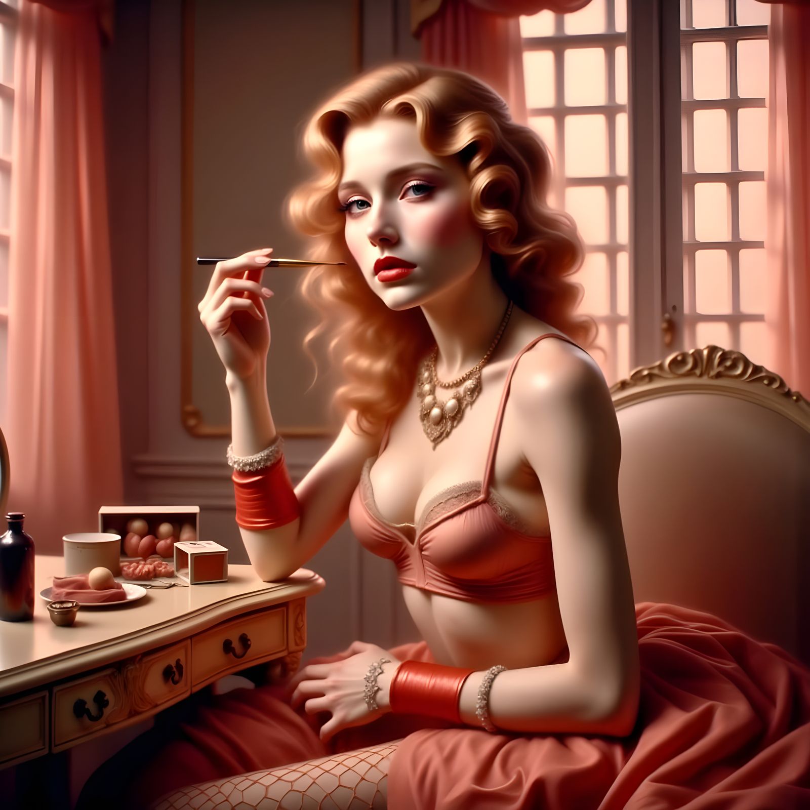 Vintage Glamour: Woman Applying Makeup in Soft Lighting