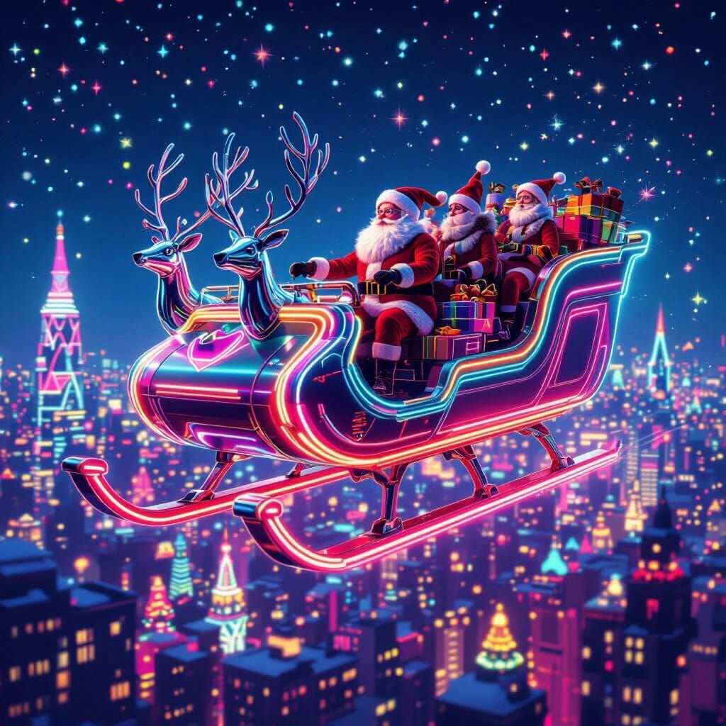 Retro-Futuristic Santa Soars Through Neon City