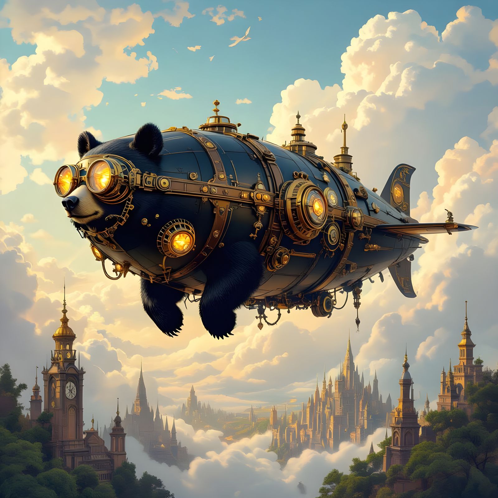Steampunk Bear Airship Soaring Through Crystal Cities