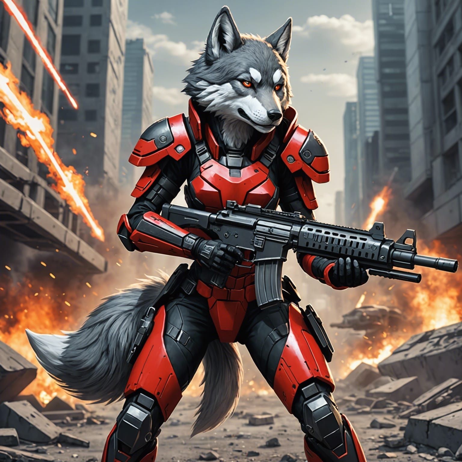 Futuristic Armored Wolf Girl on Battlefield in Anime Style