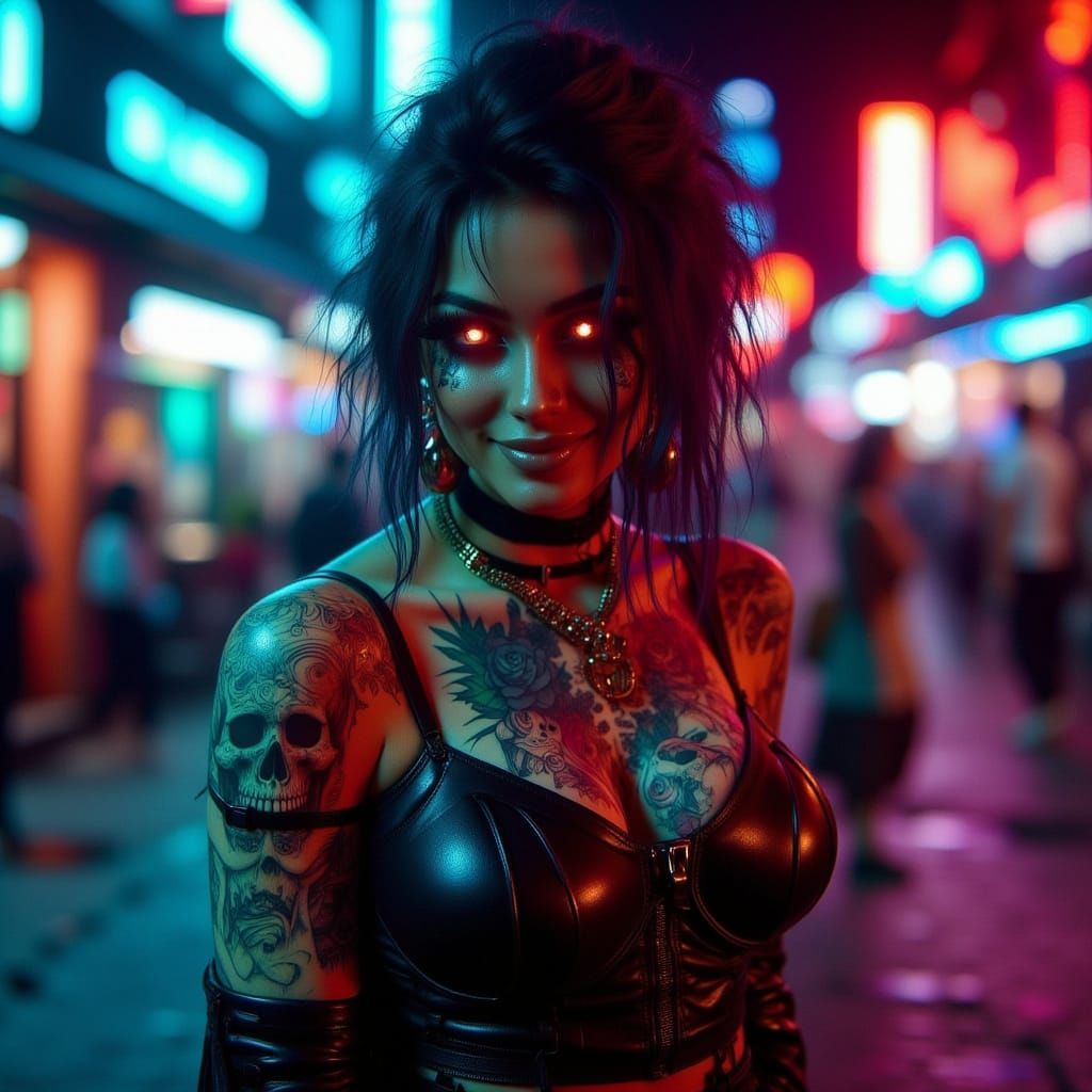 Gothic Woman in Neon Cityscape, Digital Art
