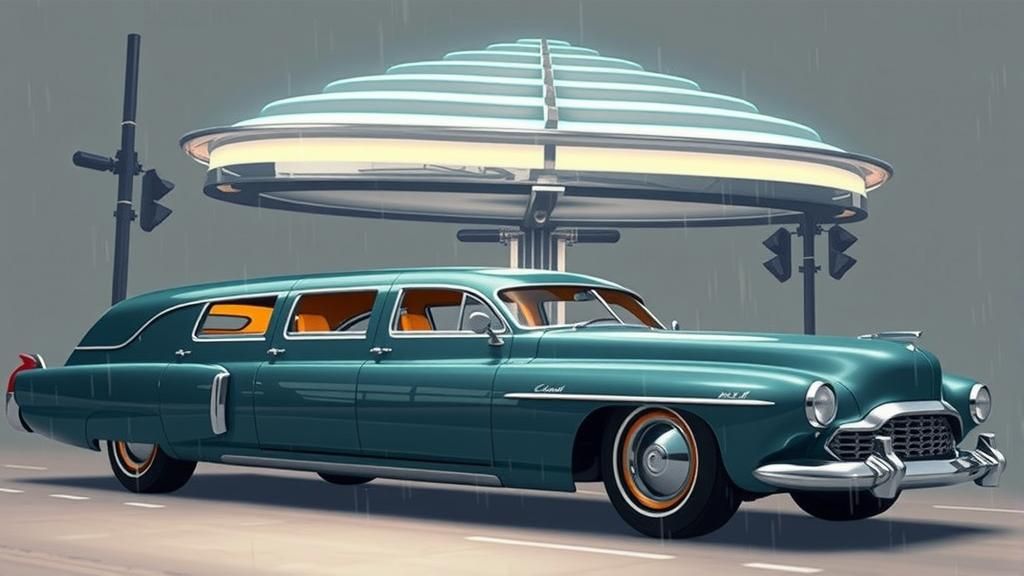 Futuristic Limousine Wagon in Dystopian Cityscape