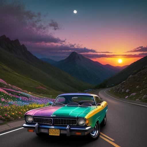 Rainbow Car in Mountain Sunset: Hyperrealistic Image