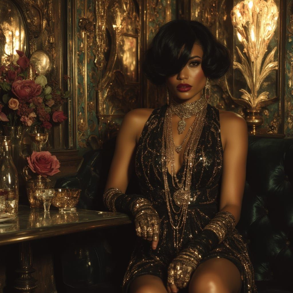1920s Glamour: Flapper in Opulent Gold and Black Parlour