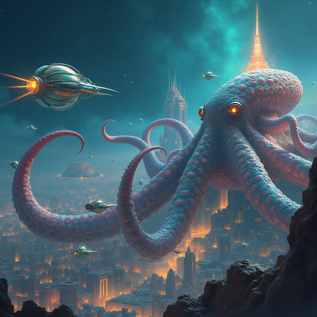 Iridescent Octopus Cityscape in Futuristic World