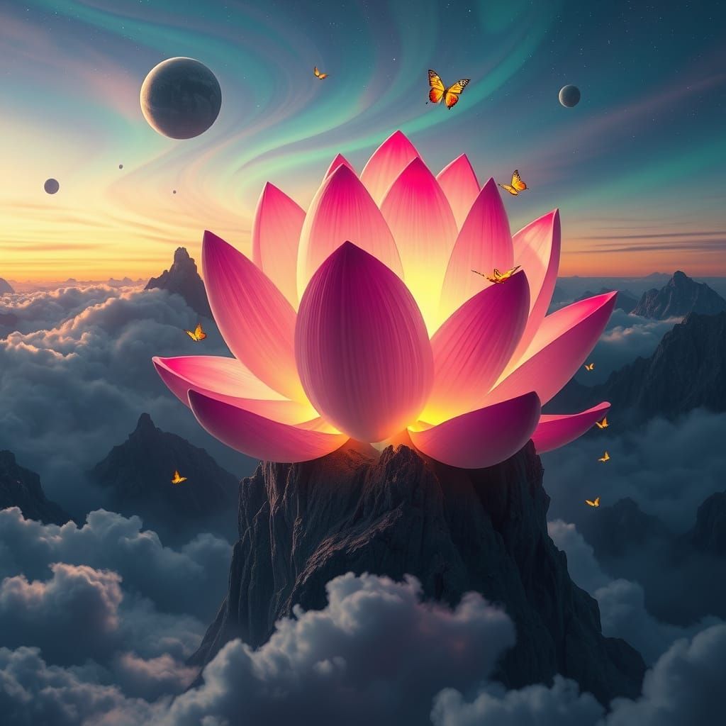 Ethereal Lotus Blooms Amidst Celestial Wonders in Vibrant, S...