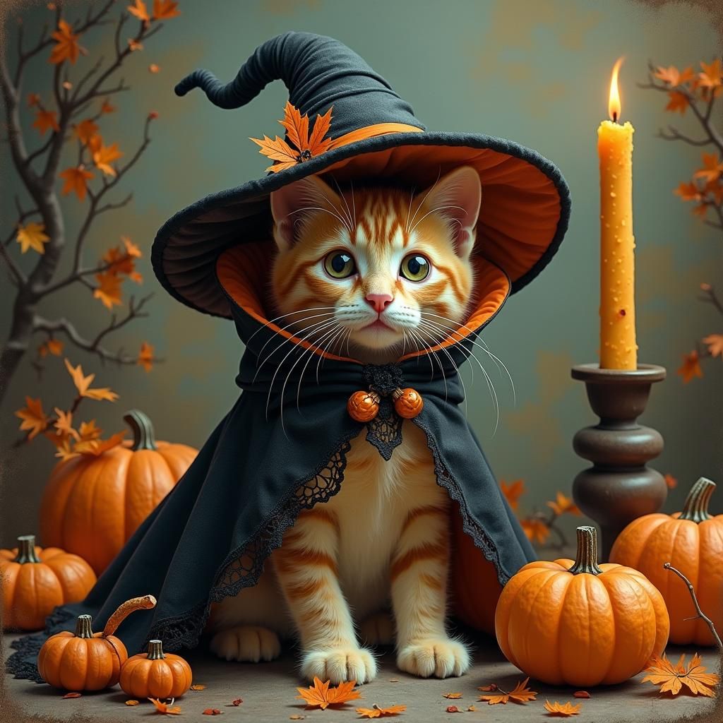 Halloween Cat in Witch Costume, Gothic Art Style