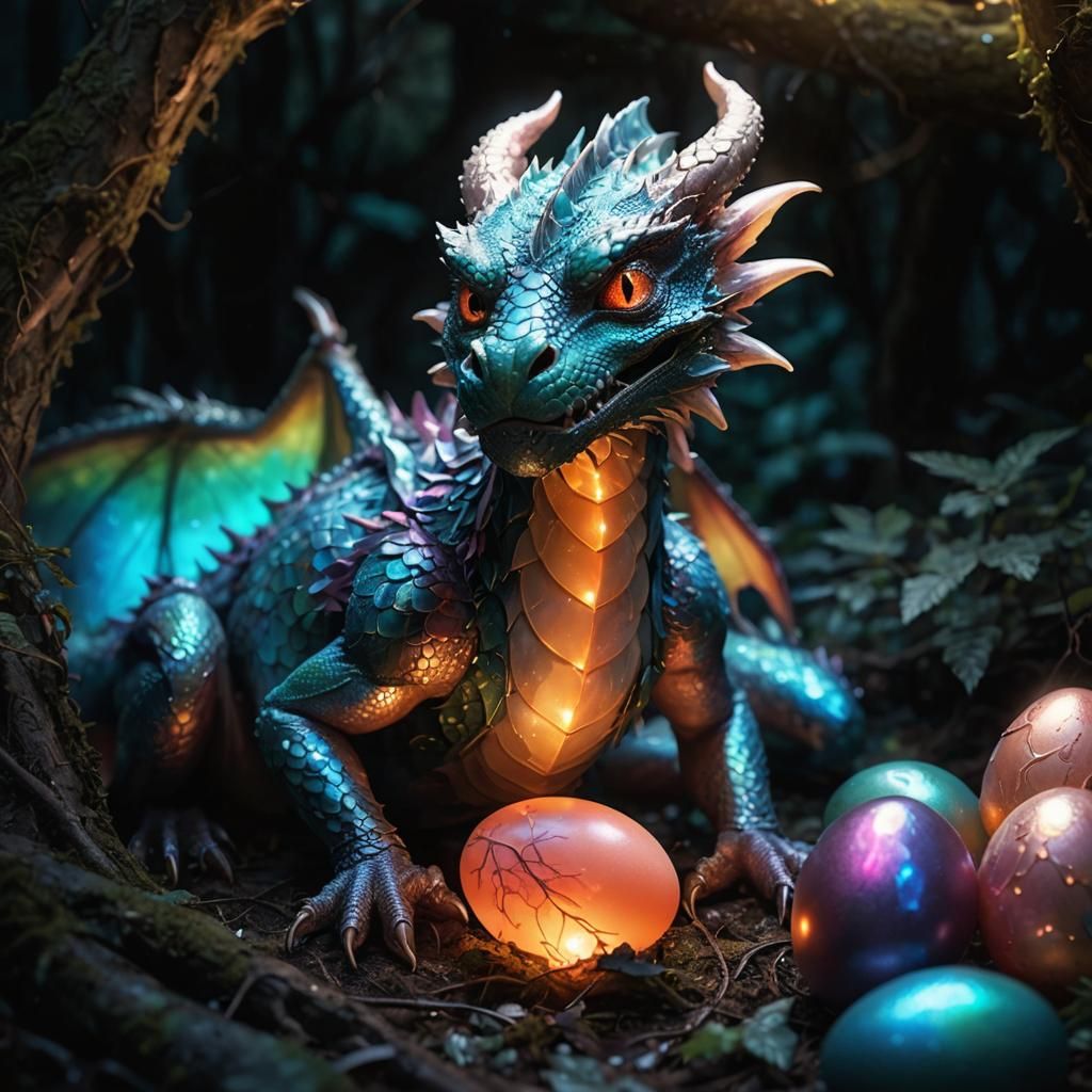 Majestic Mother Dragon Protecting Eggs in Misty Forest