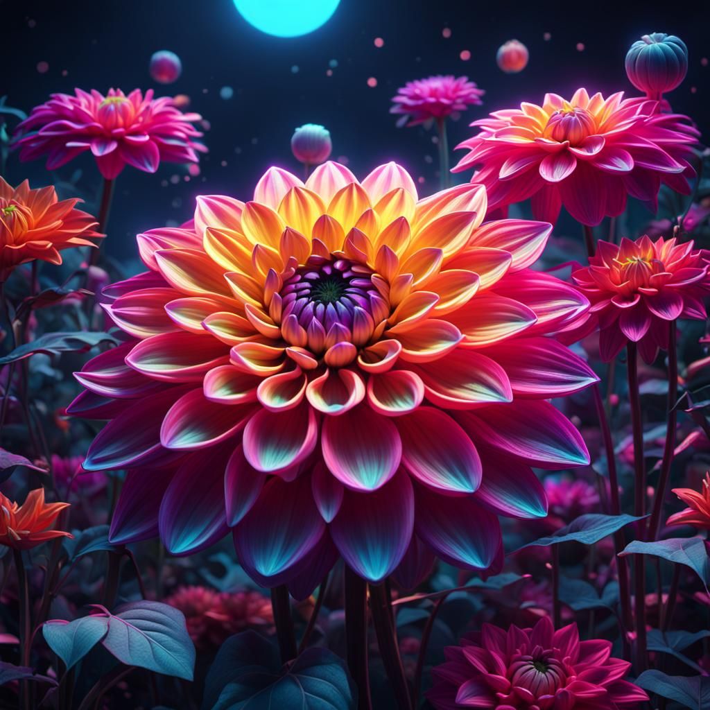 Neon Dahlia: Hyperdetailed Fluorescent Concept Art