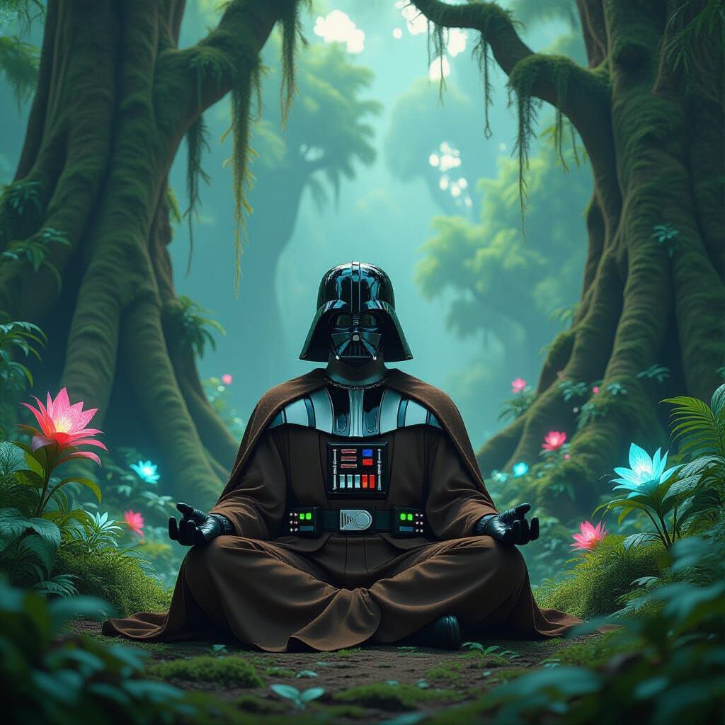Darth Vader Meditating in Bioluminescent Jungle
