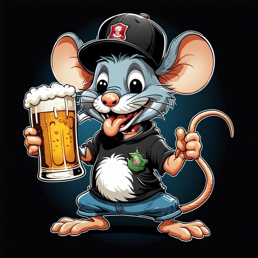 Cartoon Ratfink Mouse Sipping Beer in 2D Style