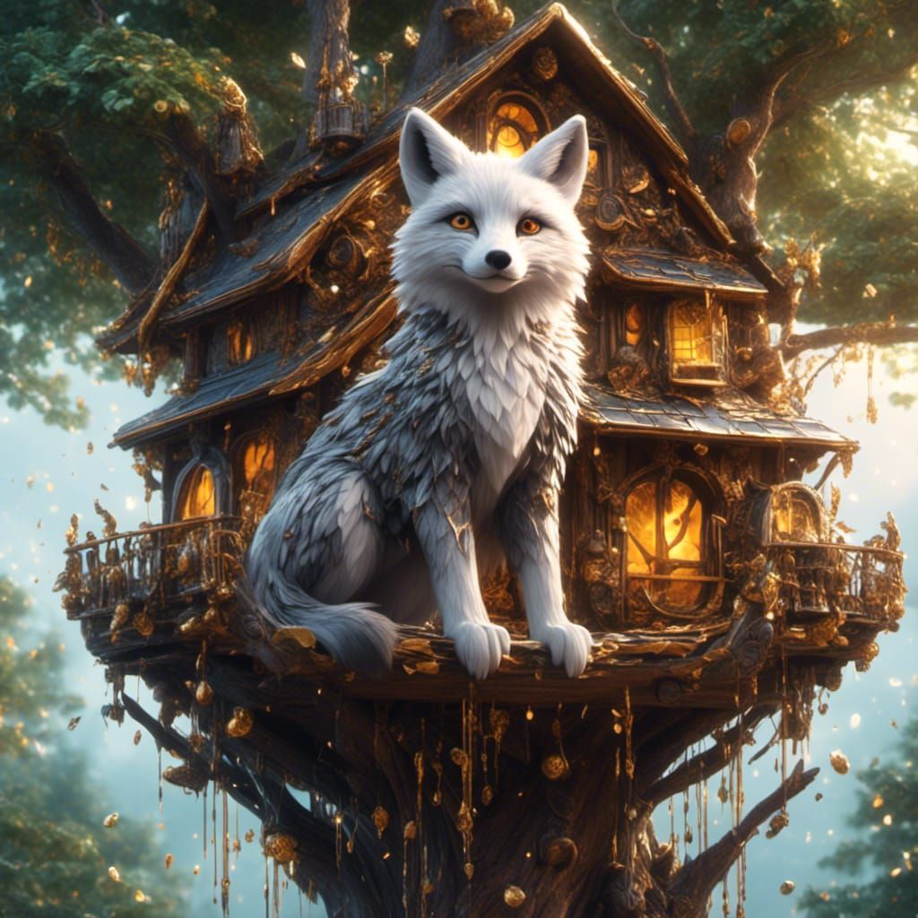 Armored Silver Fox Building Treehouse: Hyperrealistic Concep...