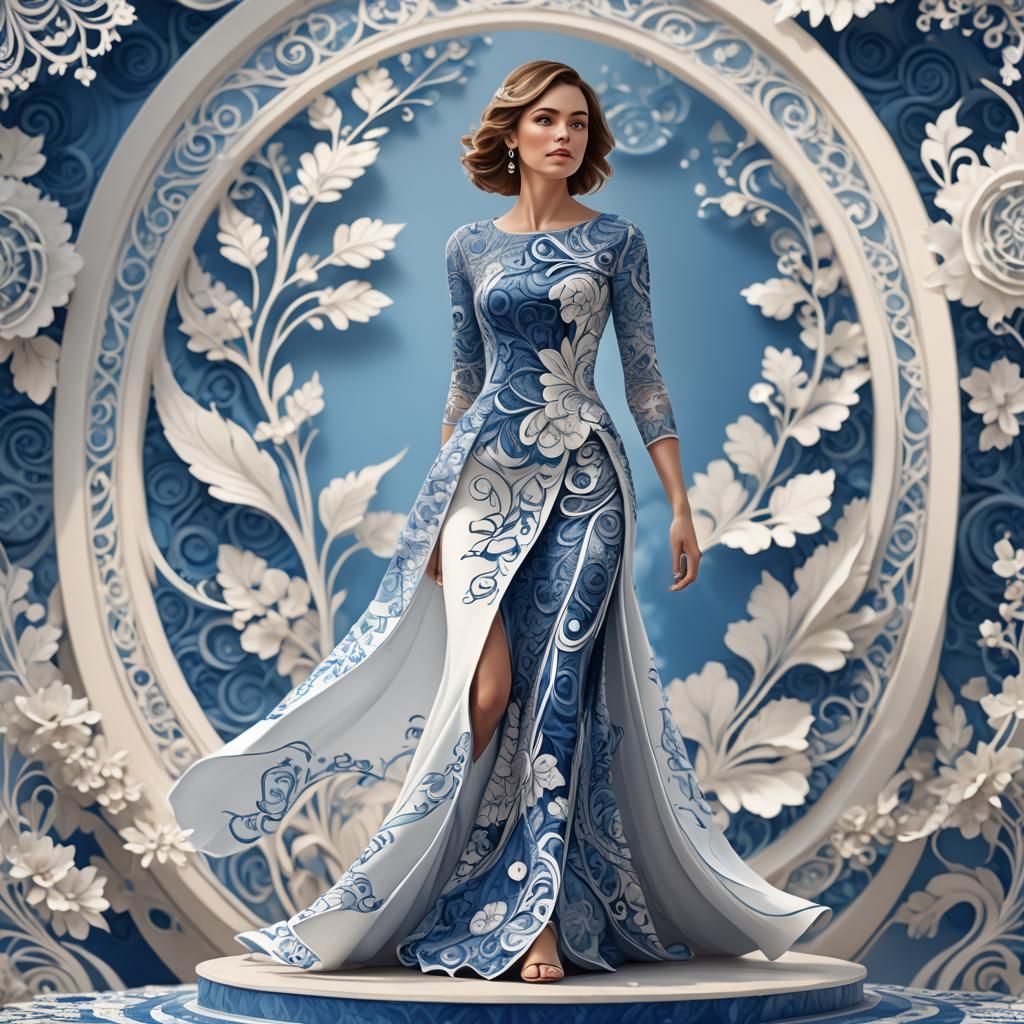 Elegant Woman in Floral Gown with Bokeh Lighting