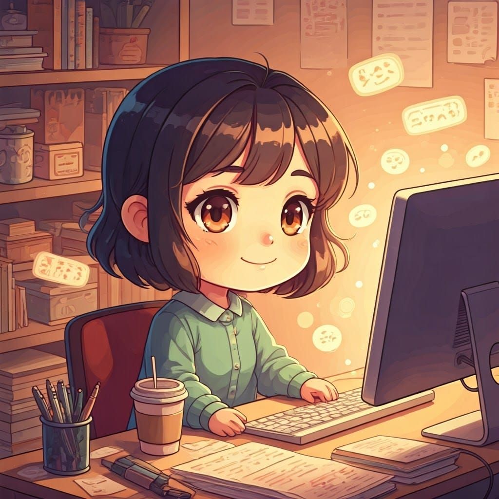 Anime Chibi Woman at Cluttered Computer