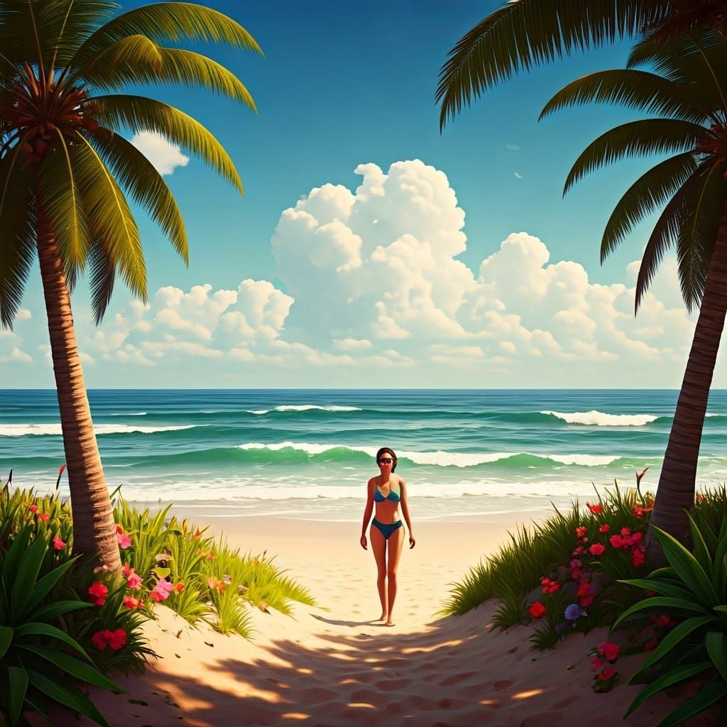 Vibrant Summer Beach Scene in Detailed Matte Painting Style