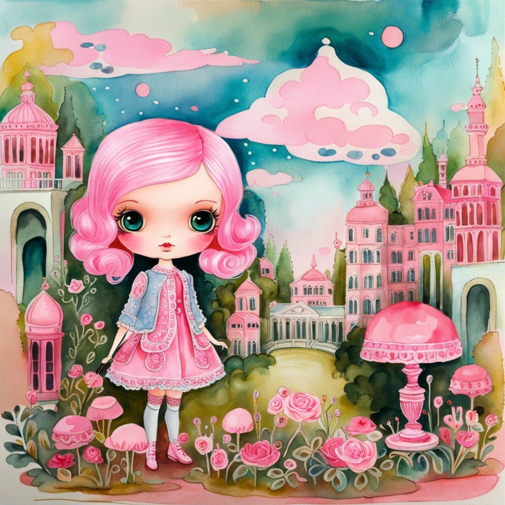 Cute Pink Haired Doll in Rococo Room
