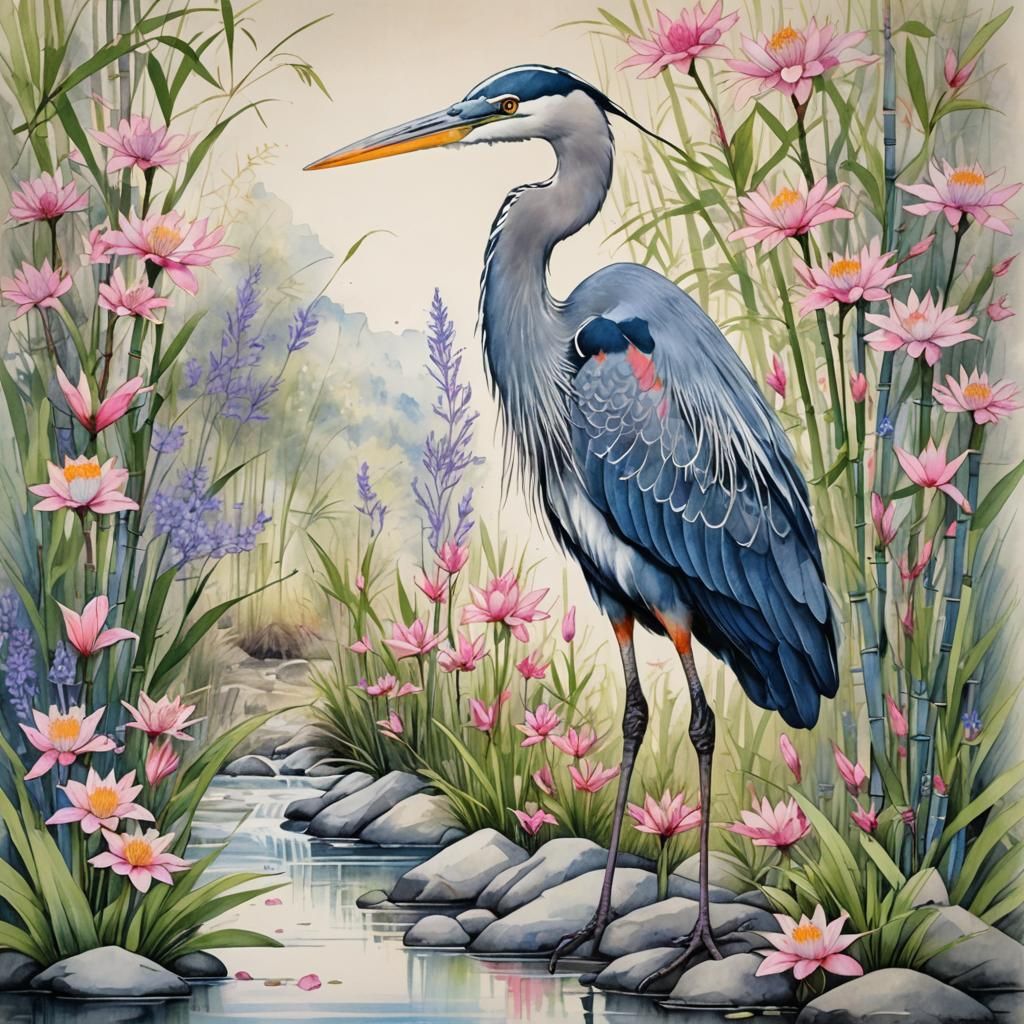 Blue Heron in Watercolor and Fine Line Sketch