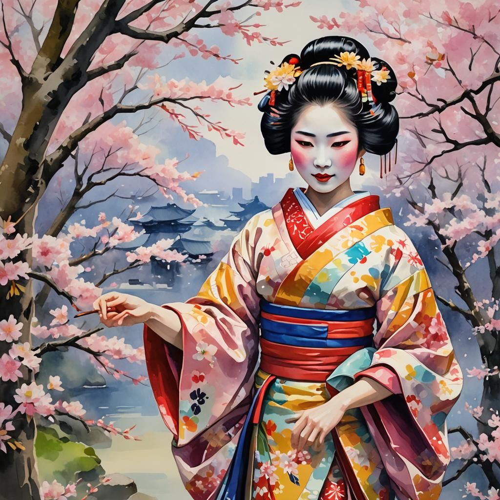 Maiko Dancing in Cherry Blossoms, Nihonga Watercolor