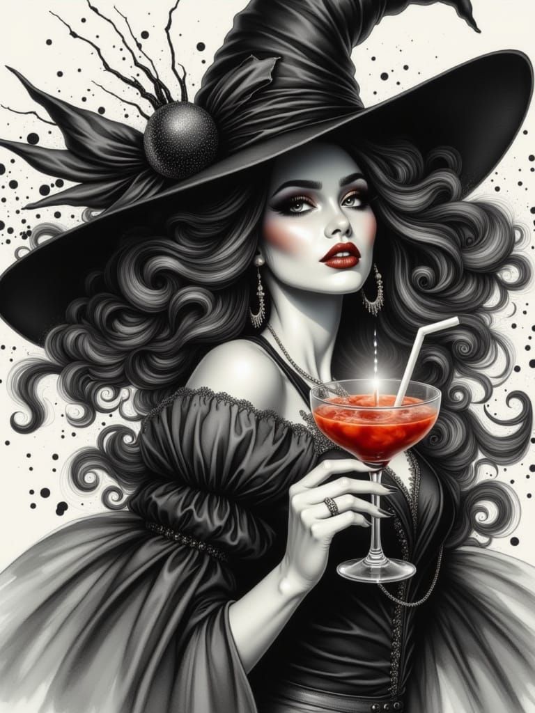<lora:Witch Skeleton Ghost:1.0>The Gothik Witch having a Bloody Mary Cocktail. Whimsical. photorealistic. hyperdetailed....