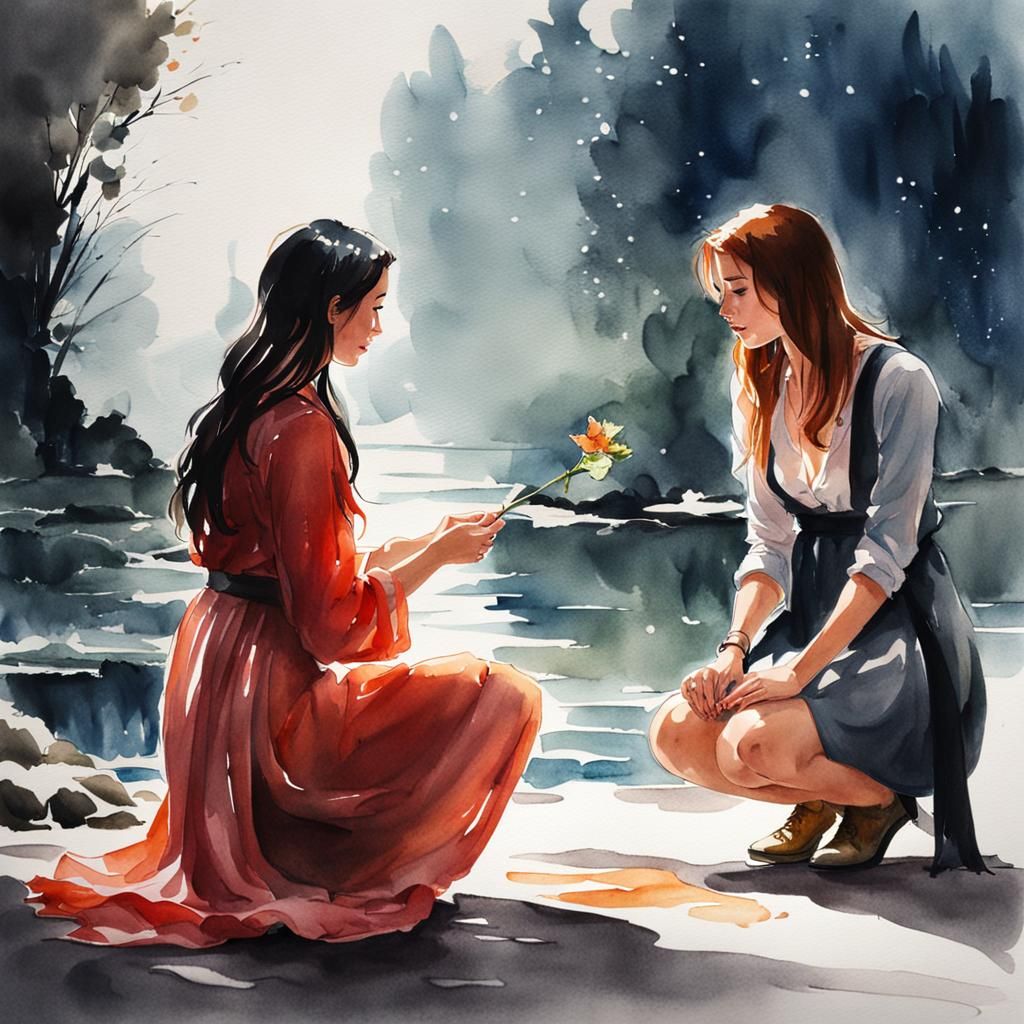 Woman Proposing to Girl: Watercolor Concept Art