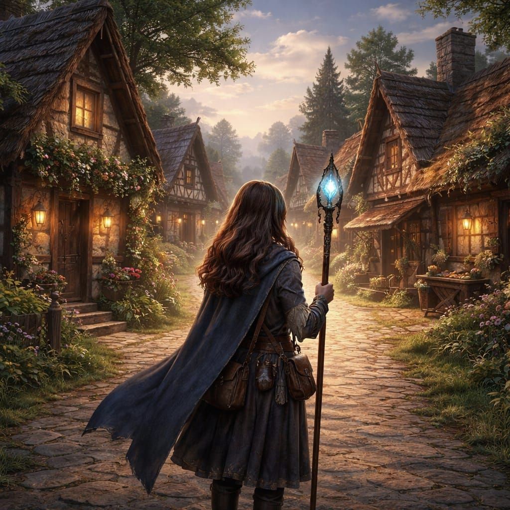 Young Mage Returns to Medieval Village Fantasy Art