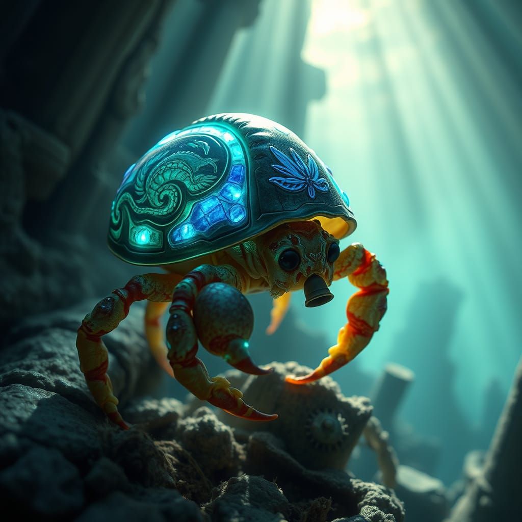 Bioluminescent Hermit Crab in Sunken City Ruins