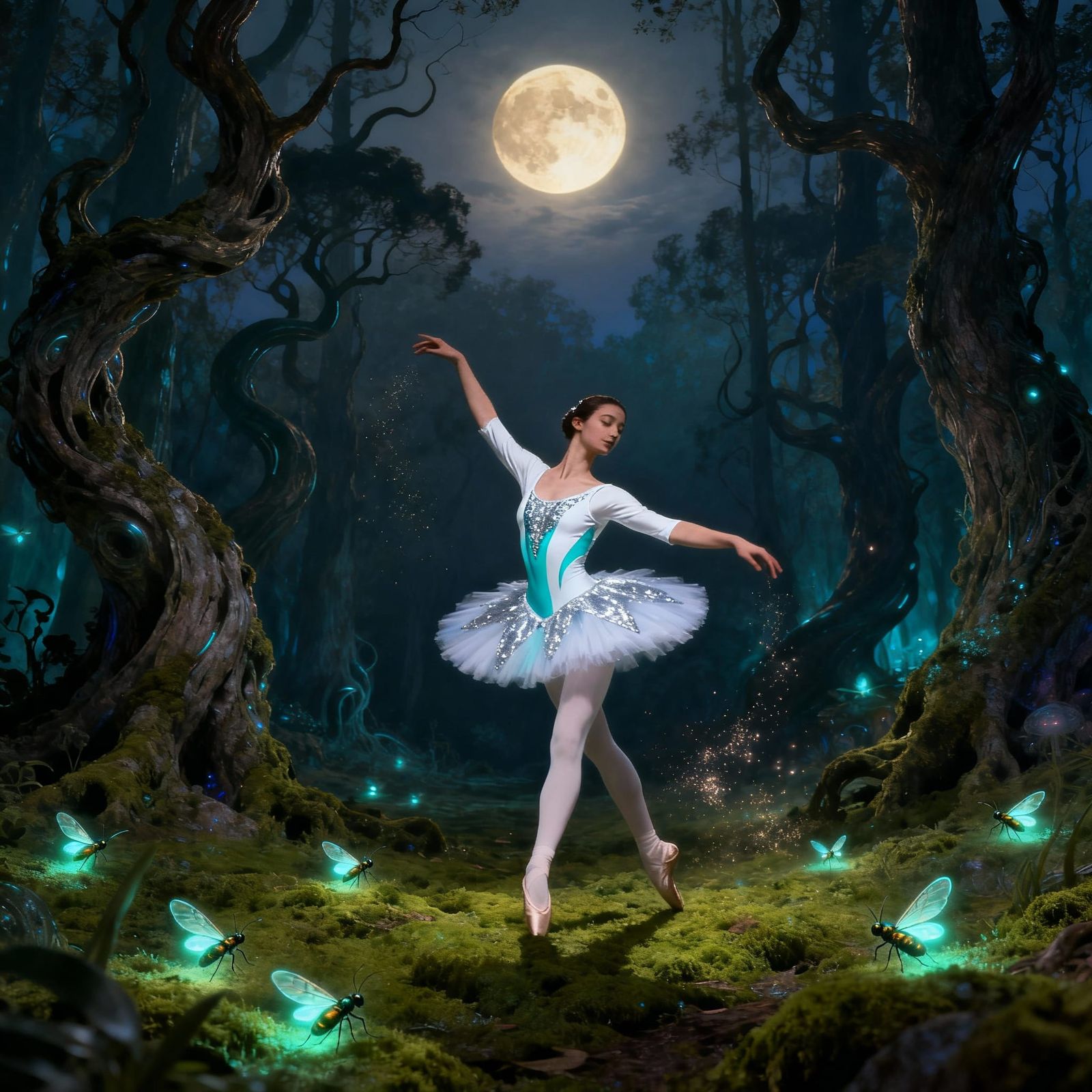 Ballerina Pirouettes in Enchanted Moonlit Forest