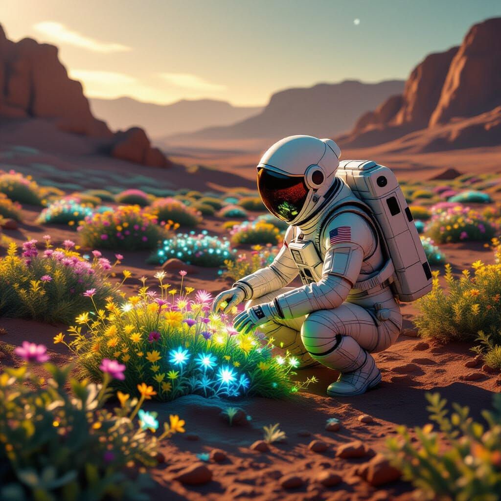 Astronaut Tends Bioluminescent Garden on Mars