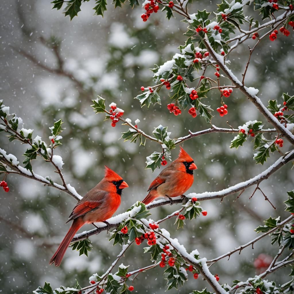 Cardinals on Holly Branch in Winter Snow