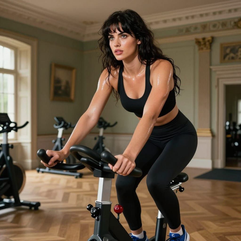 Woman Cycling in Luxurious English Country House Gym