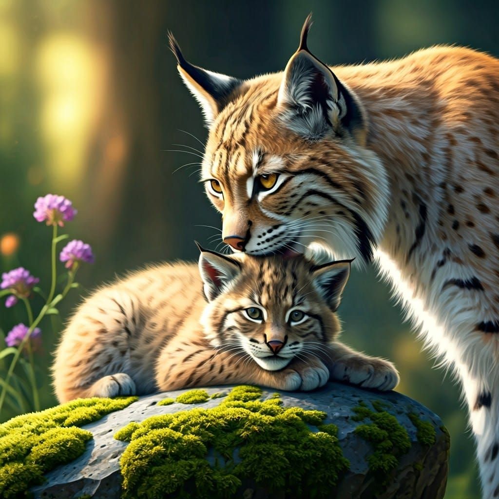 Enchanted Lynx Cub Sunbath in Vibrant Forest