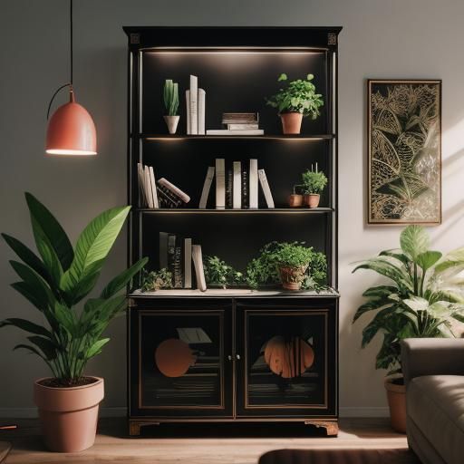 Modern Peach and Black Bookcase with Natural Lighting