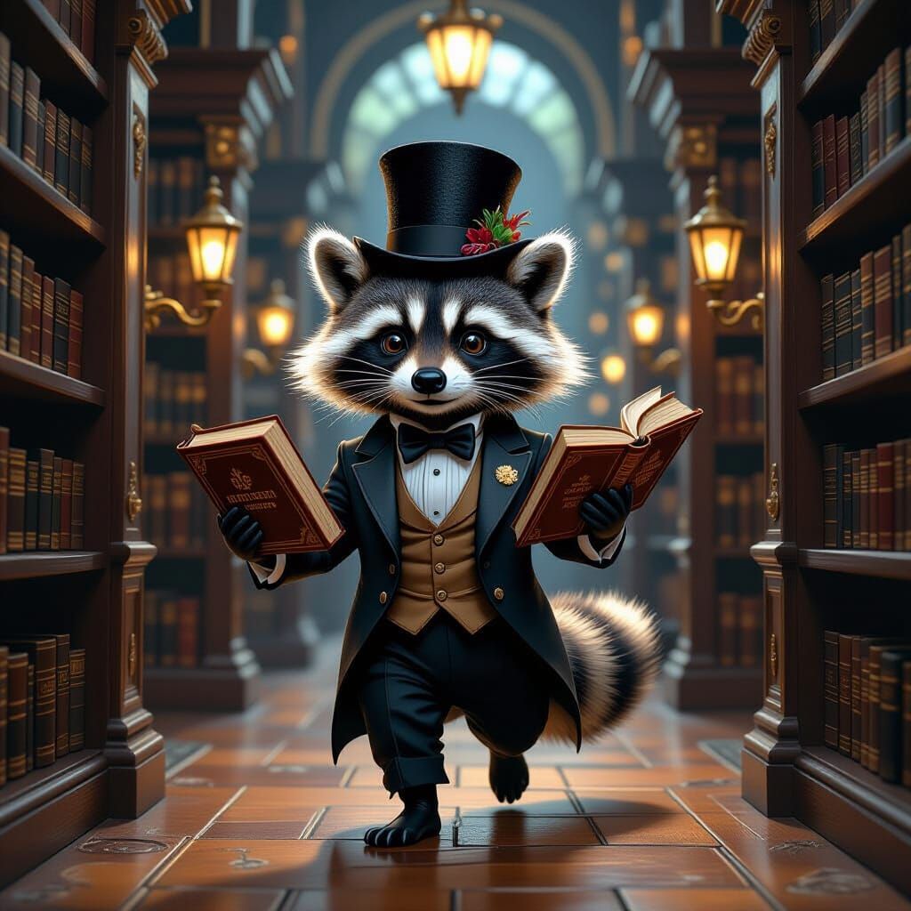 Raccoon in Tuxedo Balances Books in Steampunk Library