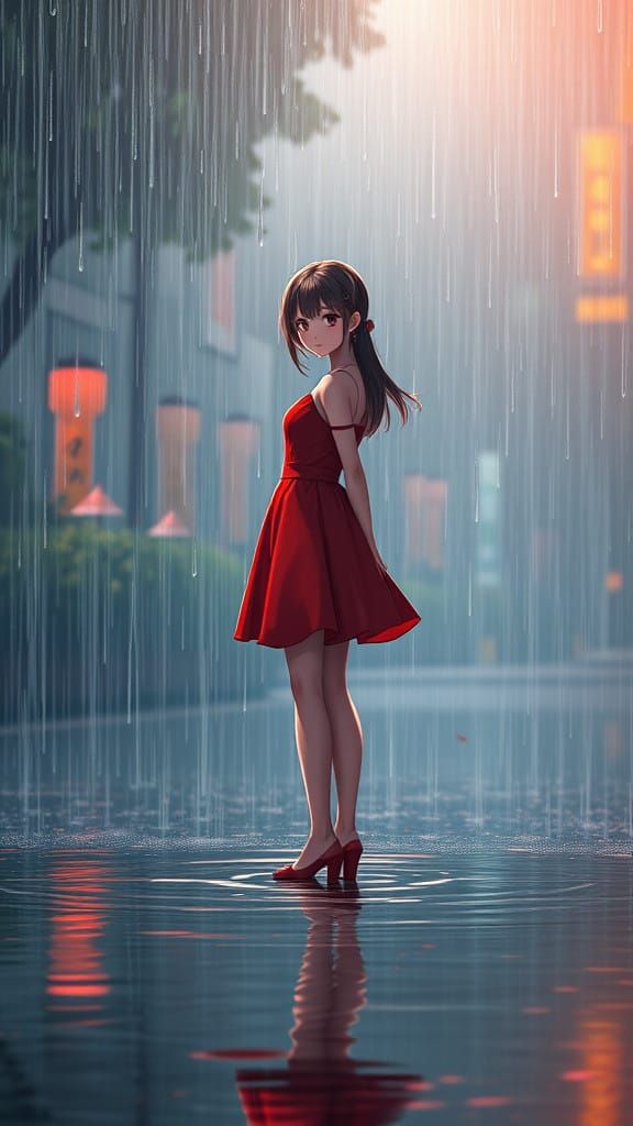 Girl in Vibrant Red Dress Stands Alone in Rainy Serene Scene