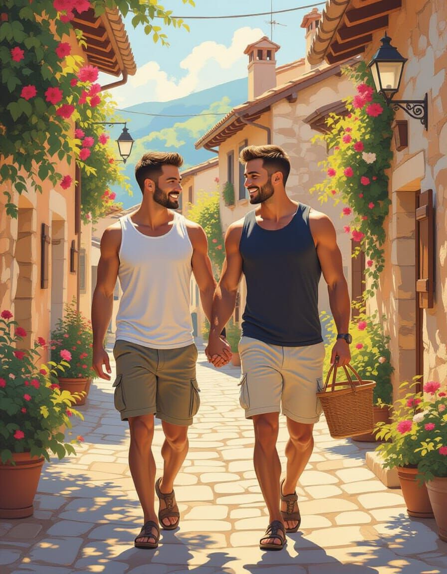 Gay Couple Holding Hands in Sunny Village
